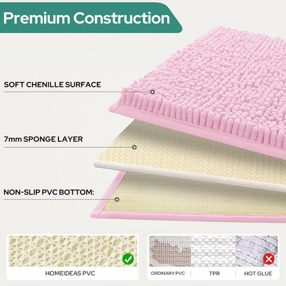 3 Pieces Light Pink Bathroom Rugs Set, Ultra Soft Non Slip Bath Rug and Absorbent Chenille Bath Mat, Includes U-Shaped Contour Rug, Bath Mat and Toilet Lid Cover, Perfect for Bathroom, Tub