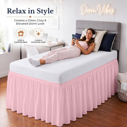Dorm Bed Skirt Twin XL 30 Inch Drop Length - Pink, Ruffled Pattern College Dorm Room Bed Skirts - Split Corner, Easy Care, Wrinkle Free 1800 Series Microfiber Bed Skirt