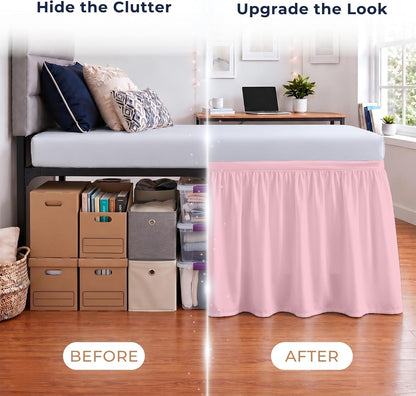 Dorm Bed Skirt Twin XL 30 Inch Drop Length - Pink, Ruffled Pattern College Dorm Room Bed Skirts - Split Corner, Easy Care, Wrinkle Free 1800 Series Microfiber Bed Skirt