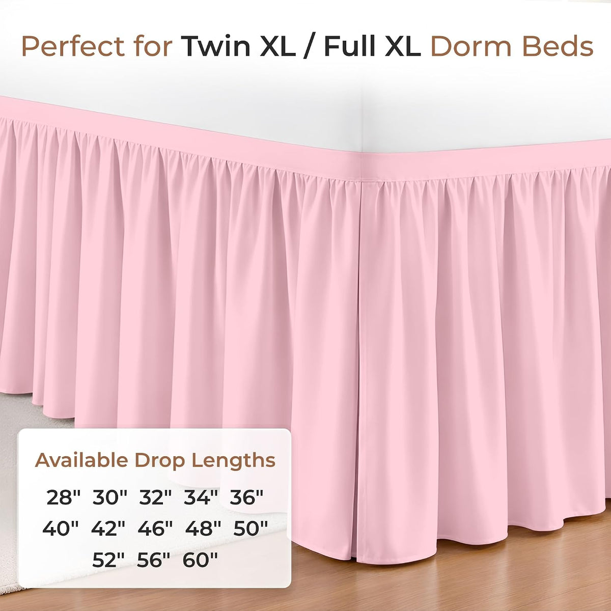 Dorm Bed Skirt Twin XL 30 Inch Drop Length - Pink, Ruffled Pattern College Dorm Room Bed Skirts - Split Corner, Easy Care, Wrinkle Free 1800 Series Microfiber Bed Skirt