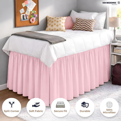 Dorm Bed Skirt Twin XL 30 Inch Drop Length - Pink, Ruffled Pattern College Dorm Room Bed Skirts - Split Corner, Easy Care, Wrinkle Free 1800 Series Microfiber Bed Skirt