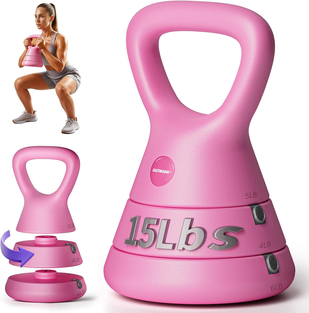 15LB Adjustable Kettlebell Set – 3-in-1 (5/9/15 LB), Compact Adjustable Weights, Wide Triangle Handle and Wrist-Friendly Design for Home Gym, Full-Body Workouts and Strength Training