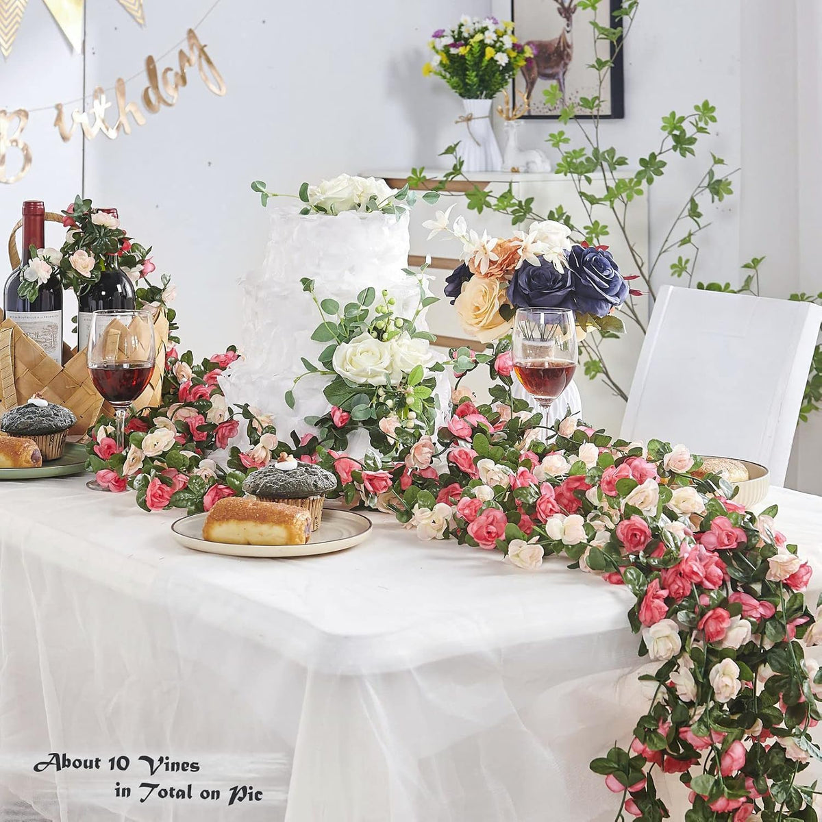 8Pcs x 8.2FT Artificial Flower Garland Floral Rose Vine Decor, Pink Flower