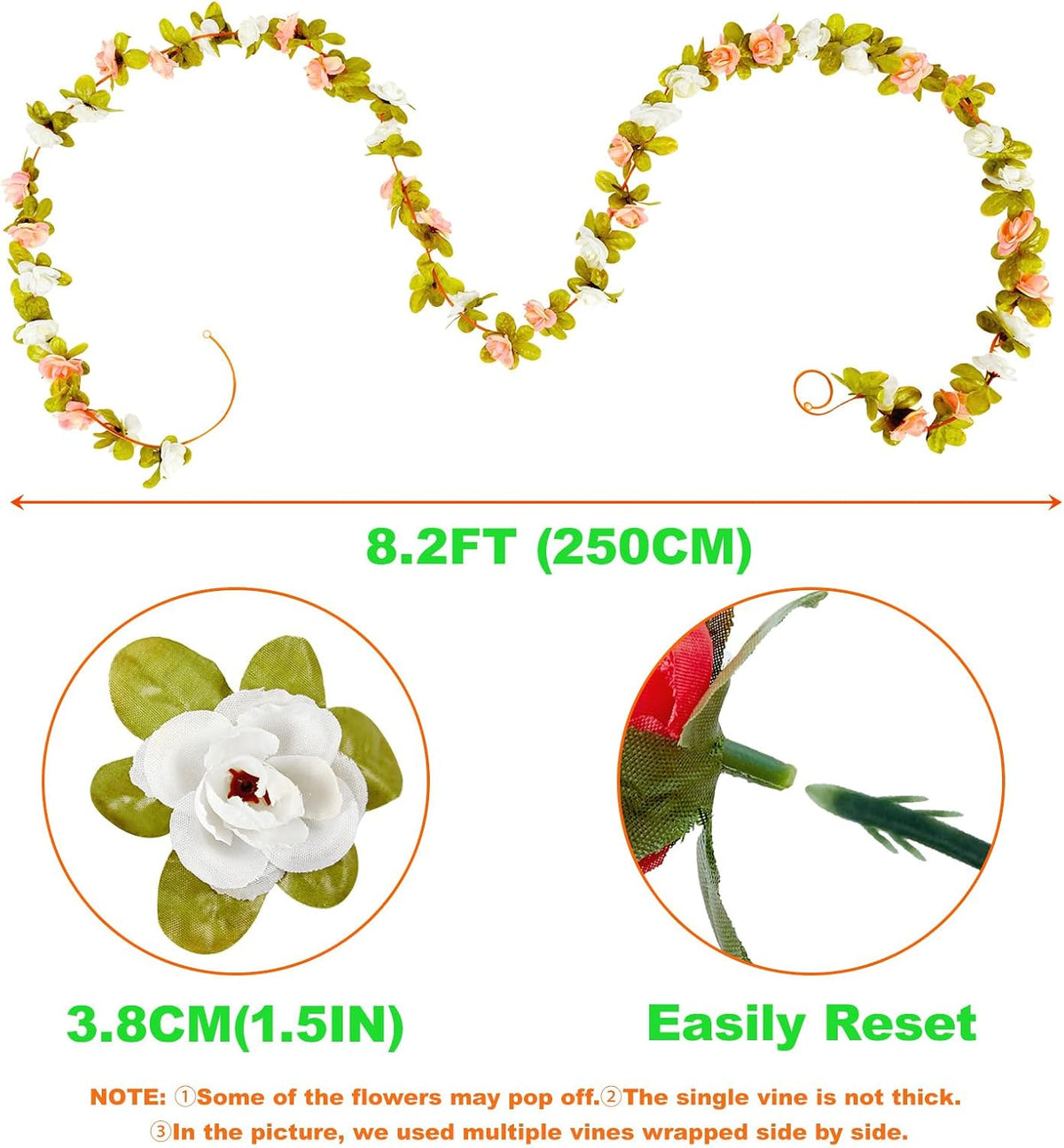 8Pcs x 8.2FT Artificial Flower Garland Floral Rose Vine Decor, Pink Flower