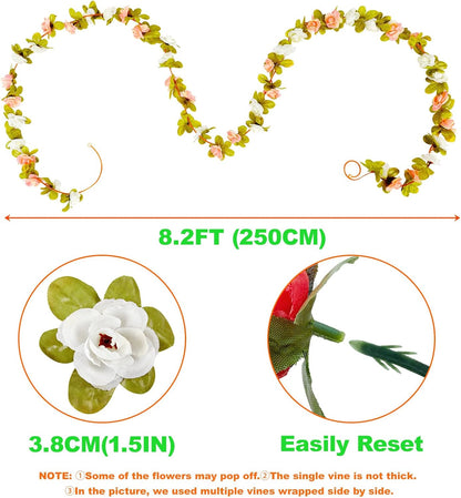 8Pcs x 8.2FT Artificial Flower Garland Floral Rose Vine Decor, Pink Flower