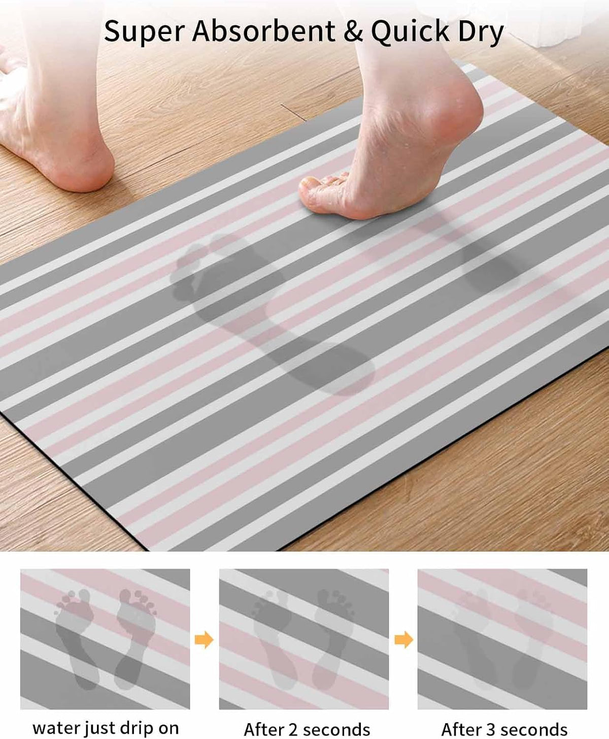 Pink Striped Bath Mat for Tub,Geometric Grey White Horizontal Stripe Non Slip Bathroom Floor Runner Rug Quick Dry & Absorbent Diatomaceous Earth Shower Sink Bedroom Kitchen Living Room Doormat 16"x24"
