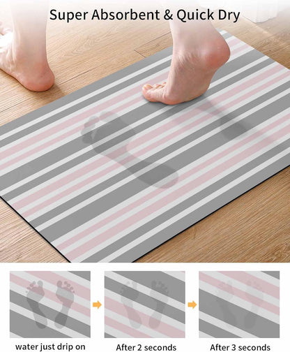 Pink Striped Bath Mat for Tub,Geometric Grey White Horizontal Stripe Non Slip Bathroom Floor Runner Rug Quick Dry & Absorbent Diatomaceous Earth Shower Sink Bedroom Kitchen Living Room Doormat 16"x24"