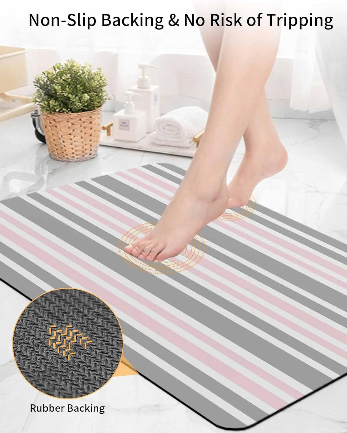 Pink Striped Bath Mat for Tub,Geometric Grey White Horizontal Stripe Non Slip Bathroom Floor Runner Rug Quick Dry & Absorbent Diatomaceous Earth Shower Sink Bedroom Kitchen Living Room Doormat 16"x24"
