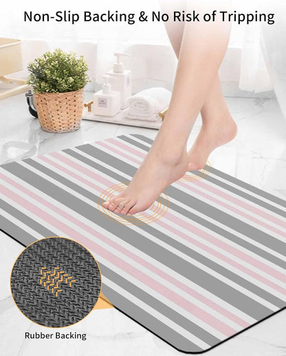 Pink Striped Bath Mat for Tub,Geometric Grey White Horizontal Stripe Non Slip Bathroom Floor Runner Rug Quick Dry & Absorbent Diatomaceous Earth Shower Sink Bedroom Kitchen Living Room Doormat 16"x24"