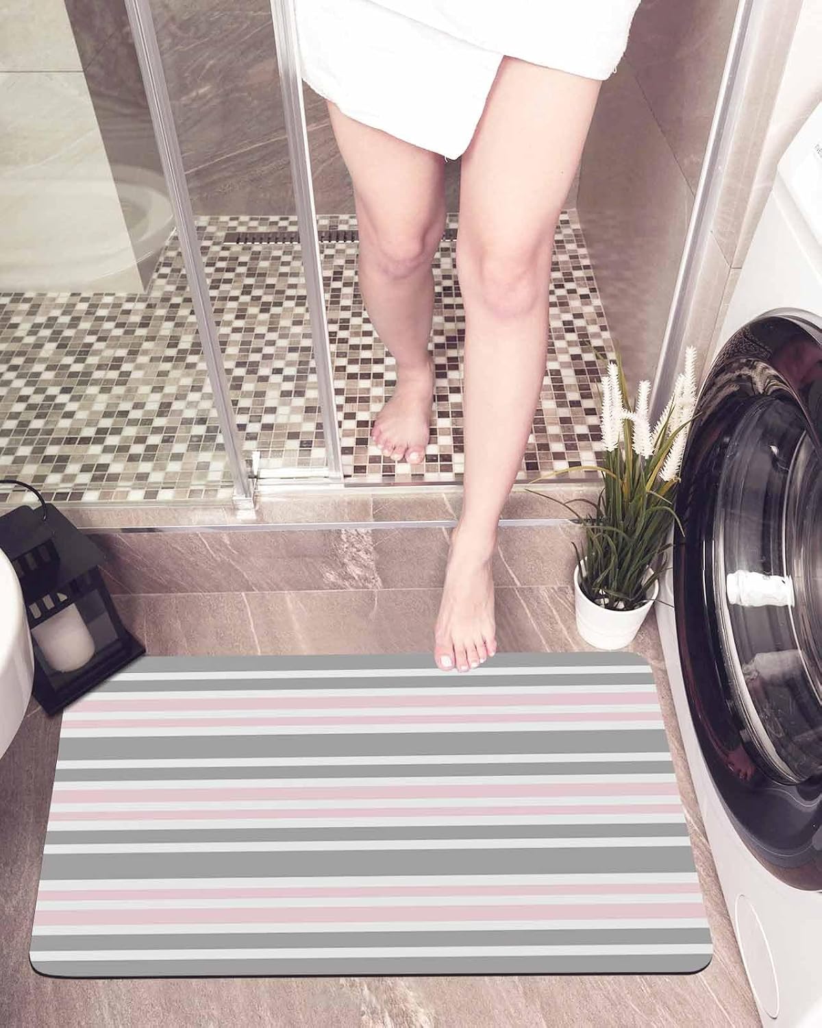 Pink Striped Bath Mat for Tub,Geometric Grey White Horizontal Stripe Non Slip Bathroom Floor Runner Rug Quick Dry & Absorbent Diatomaceous Earth Shower Sink Bedroom Kitchen Living Room Doormat 16"x24"