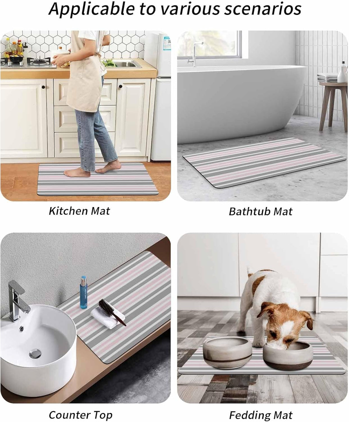 Pink Striped Bath Mat for Tub,Geometric Grey White Horizontal Stripe Non Slip Bathroom Floor Runner Rug Quick Dry & Absorbent Diatomaceous Earth Shower Sink Bedroom Kitchen Living Room Doormat 16"x24"