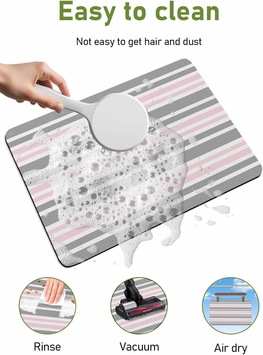 Pink Striped Bath Mat for Tub,Geometric Grey White Horizontal Stripe Non Slip Bathroom Floor Runner Rug Quick Dry & Absorbent Diatomaceous Earth Shower Sink Bedroom Kitchen Living Room Doormat 16"x24"