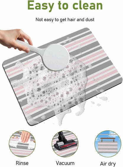 Pink Striped Bath Mat for Tub,Geometric Grey White Horizontal Stripe Non Slip Bathroom Floor Runner Rug Quick Dry & Absorbent Diatomaceous Earth Shower Sink Bedroom Kitchen Living Room Doormat 16"x24"