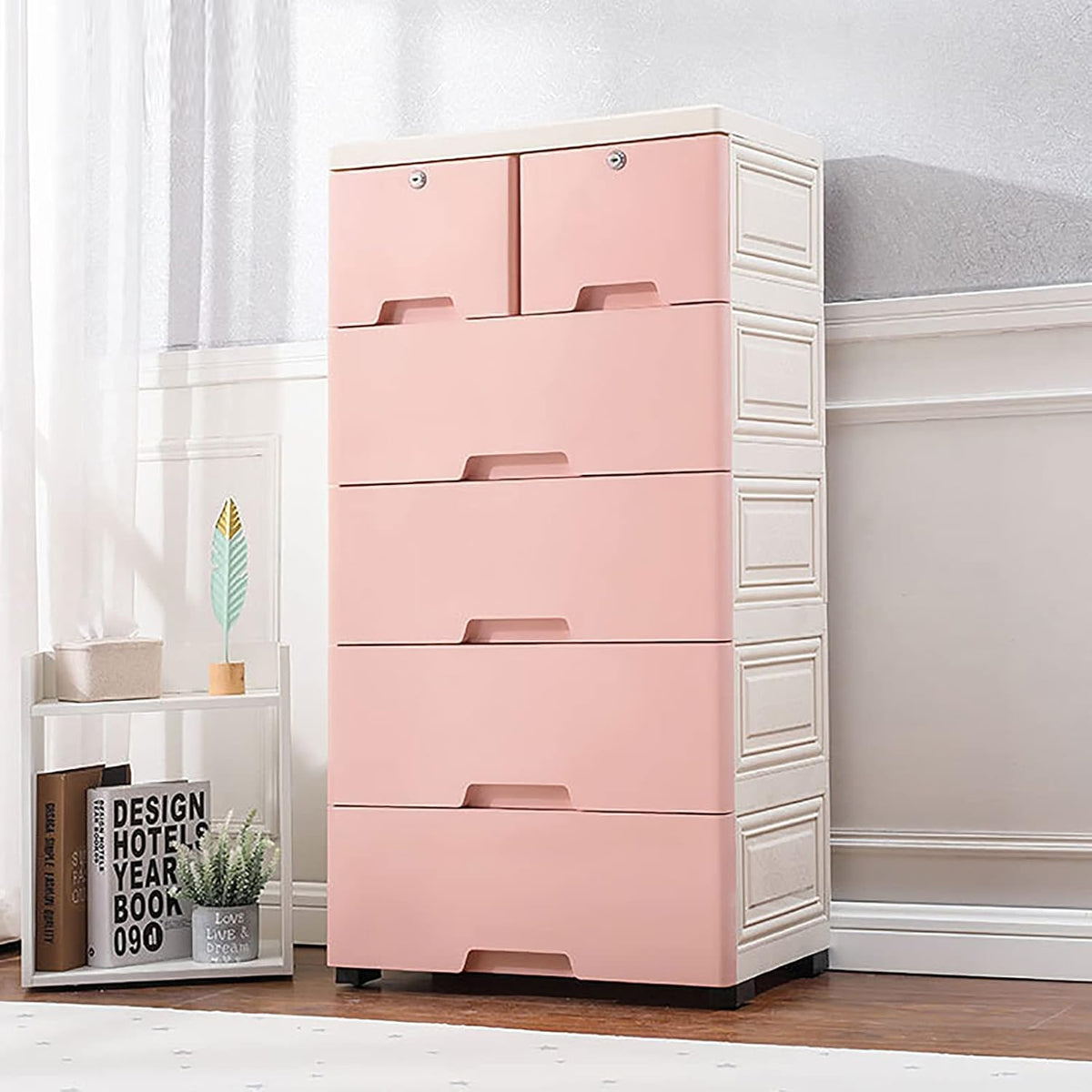 5-Tier Plastic Drawers Dresser with Lock, Storage Dresser with 6 Drawers, Freestanding Movable Tower Storage Drawers Organizer, Tall Dressers Shelf for Living Rooms Furniture (Pink)