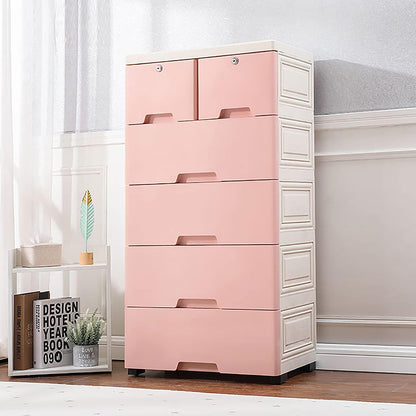 5-Tier Plastic Drawers Dresser with Lock, Storage Dresser with 6 Drawers, Freestanding Movable Tower Storage Drawers Organizer, Tall Dressers Shelf for Living Rooms Furniture (Pink)