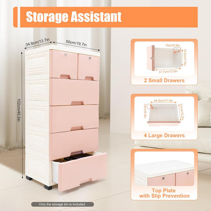 5-Tier Plastic Drawers Dresser with Lock, Storage Dresser with 6 Drawers, Freestanding Movable Tower Storage Drawers Organizer, Tall Dressers Shelf for Living Rooms Furniture (Pink)