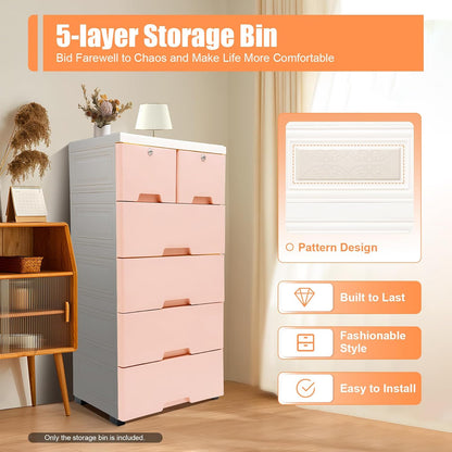 5-Tier Plastic Drawers Dresser with Lock, Storage Dresser with 6 Drawers, Freestanding Movable Tower Storage Drawers Organizer, Tall Dressers Shelf for Living Rooms Furniture (Pink)