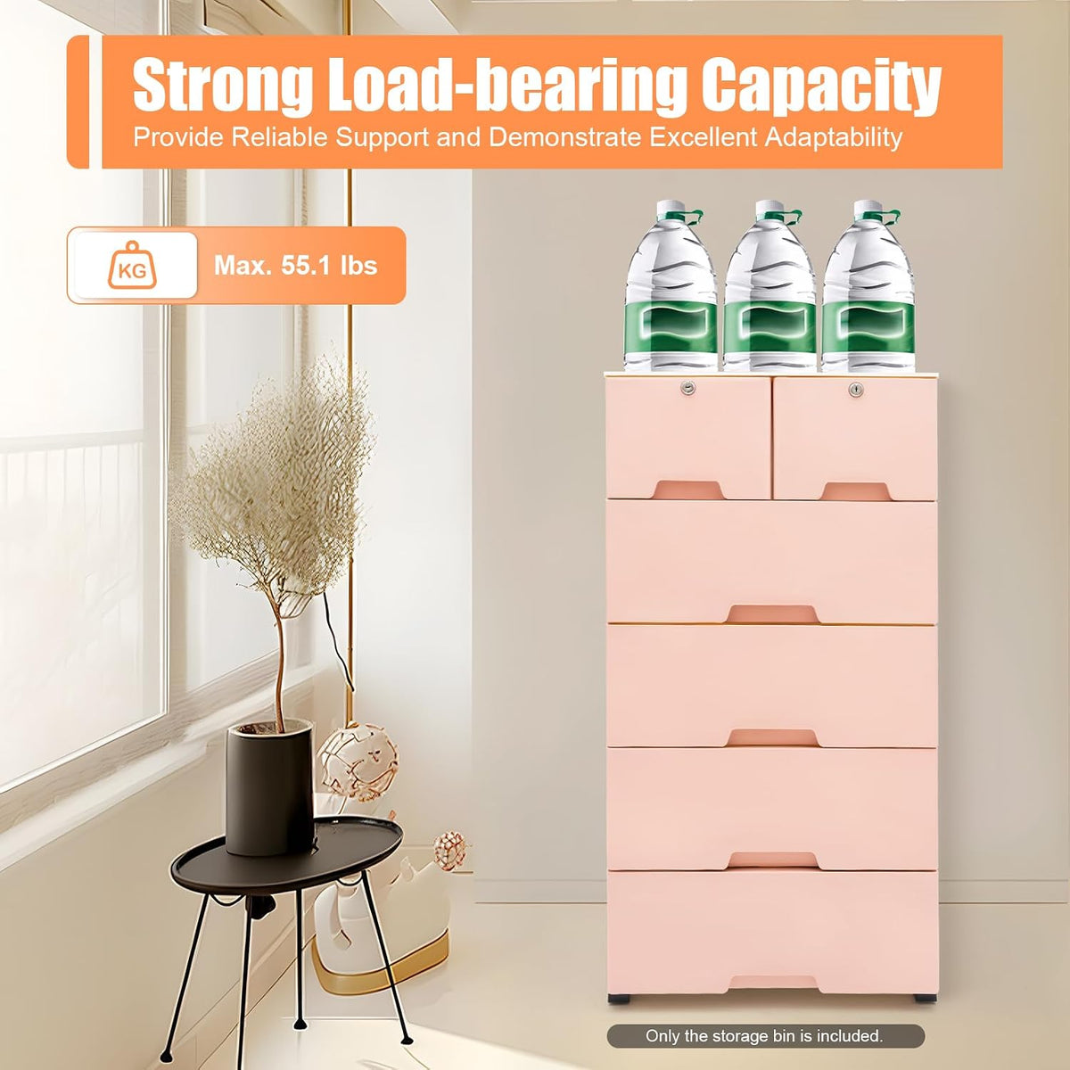 5-Tier Plastic Drawers Dresser with Lock, Storage Dresser with 6 Drawers, Freestanding Movable Tower Storage Drawers Organizer, Tall Dressers Shelf for Living Rooms Furniture (Pink)