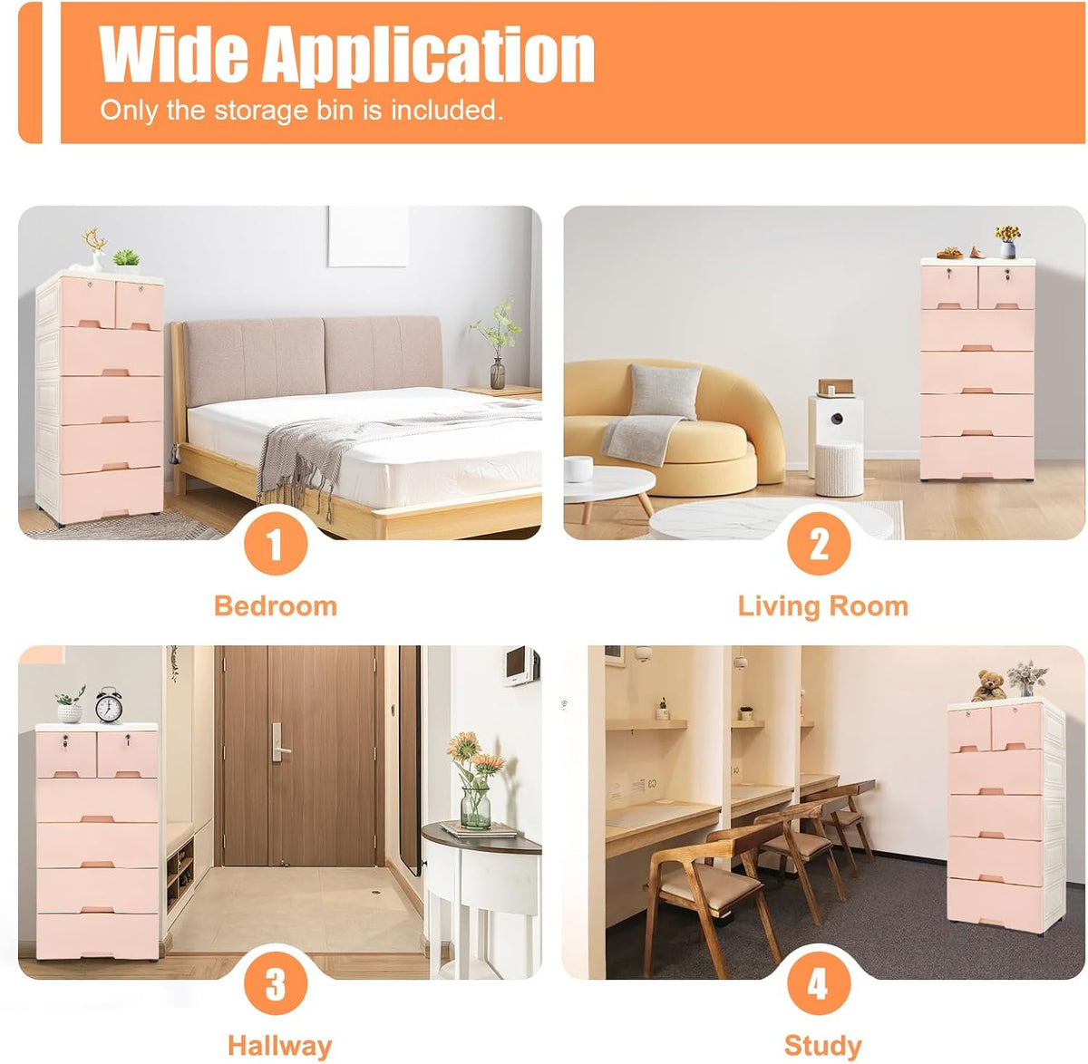 5-Tier Plastic Drawers Dresser with Lock, Storage Dresser with 6 Drawers, Freestanding Movable Tower Storage Drawers Organizer, Tall Dressers Shelf for Living Rooms Furniture (Pink)