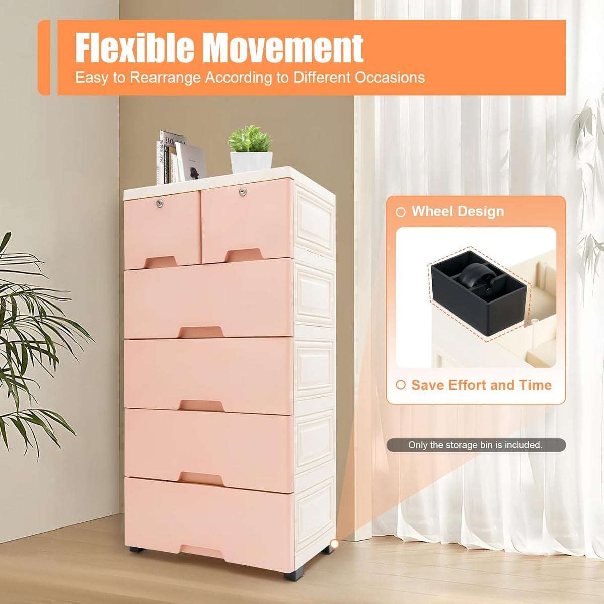 5-Tier Plastic Drawers Dresser with Lock, Storage Dresser with 6 Drawers, Freestanding Movable Tower Storage Drawers Organizer, Tall Dressers Shelf for Living Rooms Furniture (Pink)