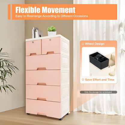 5-Tier Plastic Drawers Dresser with Lock, Storage Dresser with 6 Drawers, Freestanding Movable Tower Storage Drawers Organizer, Tall Dressers Shelf for Living Rooms Furniture (Pink)