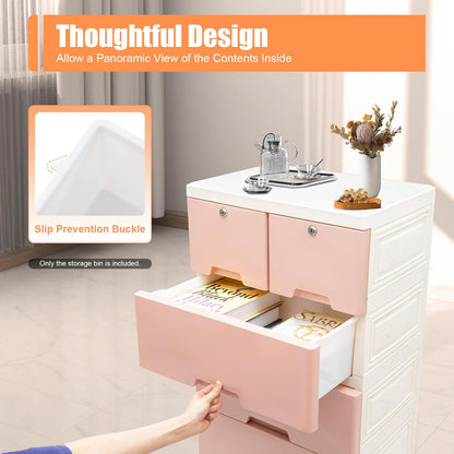 5-Tier Plastic Drawers Dresser with Lock, Storage Dresser with 6 Drawers, Freestanding Movable Tower Storage Drawers Organizer, Tall Dressers Shelf for Living Rooms Furniture (Pink)