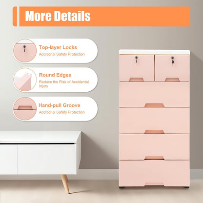 5-Tier Plastic Drawers Dresser with Lock, Storage Dresser with 6 Drawers, Freestanding Movable Tower Storage Drawers Organizer, Tall Dressers Shelf for Living Rooms Furniture (Pink)