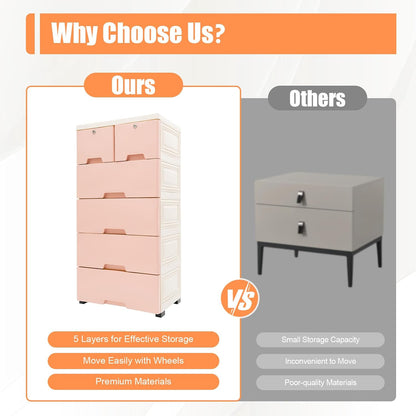 5-Tier Plastic Drawers Dresser with Lock, Storage Dresser with 6 Drawers, Freestanding Movable Tower Storage Drawers Organizer, Tall Dressers Shelf for Living Rooms Furniture (Pink)