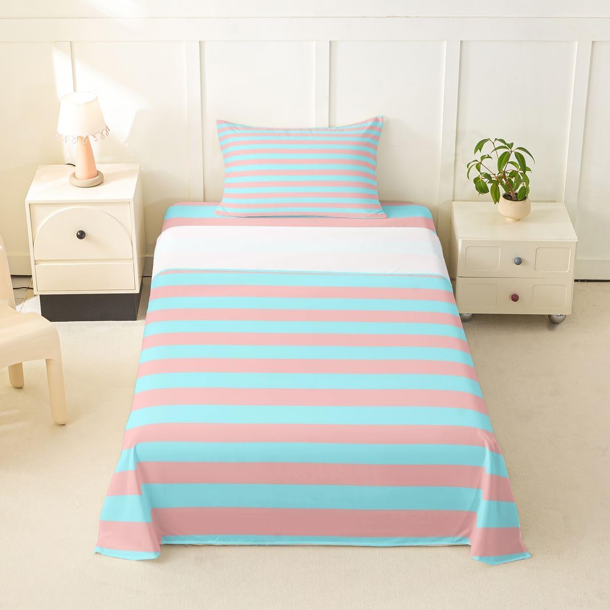 Abstract Striped Bed Sheets Twin Size Retro Pink and Blue Modern Stripes Sheet Set for Kids Teens Adults Geometric Striped Bedding Set Cute Horizontal Lines Sheets