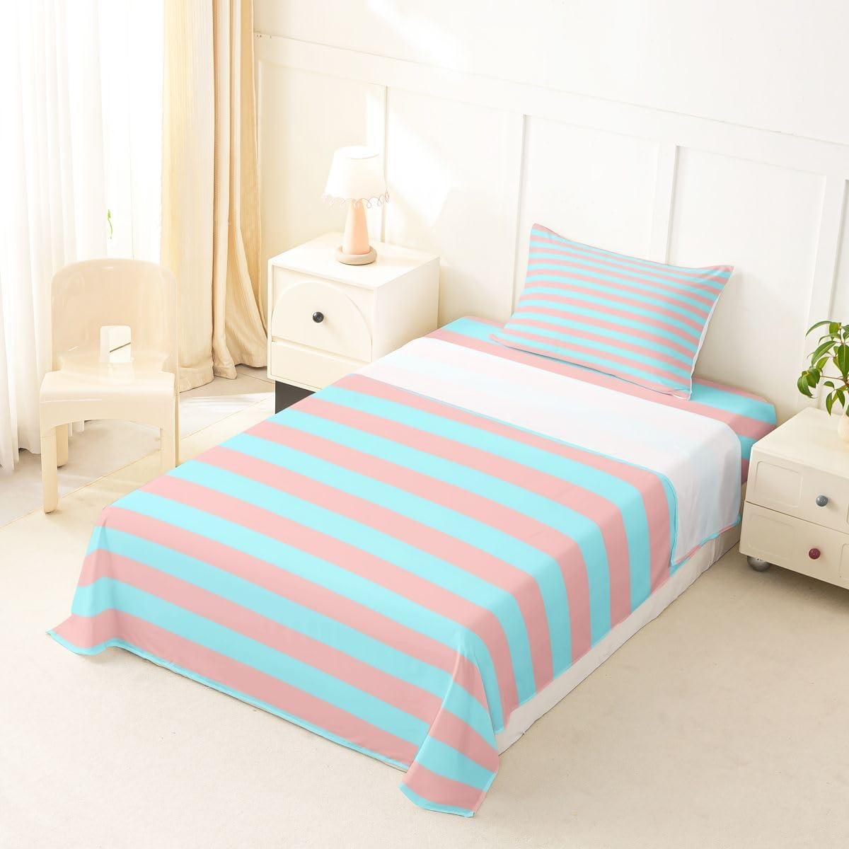 Abstract Striped Bed Sheets Twin Size Retro Pink and Blue Modern Stripes Sheet Set for Kids Teens Adults Geometric Striped Bedding Set Cute Horizontal Lines Sheets