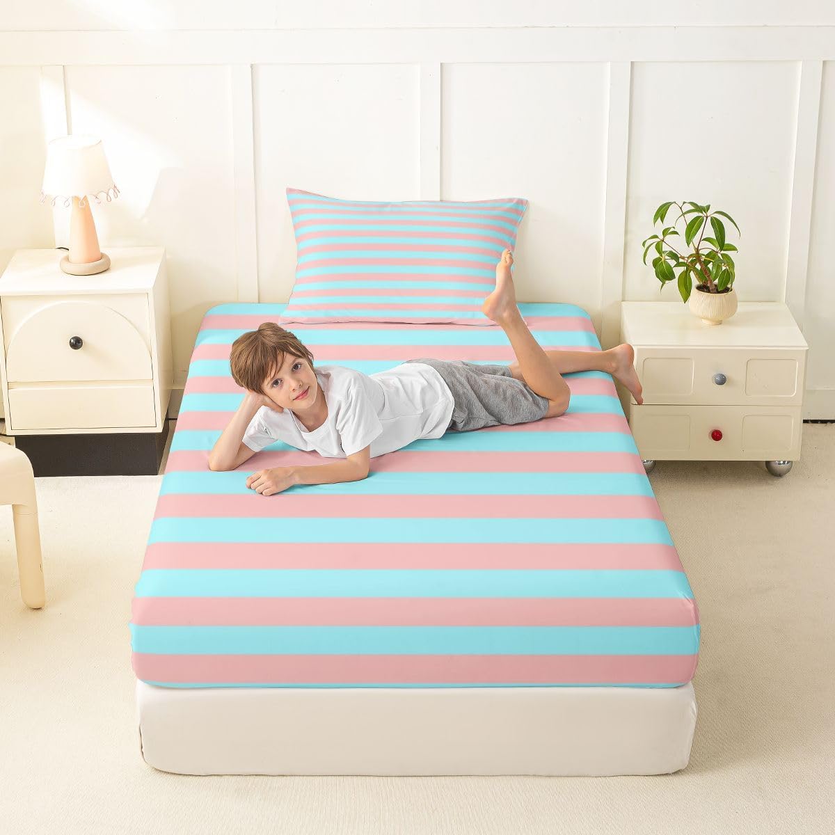 Abstract Striped Bed Sheets Twin Size Retro Pink and Blue Modern Stripes Sheet Set for Kids Teens Adults Geometric Striped Bedding Set Cute Horizontal Lines Sheets