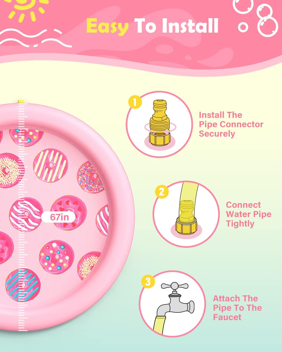 Dog Pool, Anti-Slip Splash Pad for Dogs, 67 in, Pink