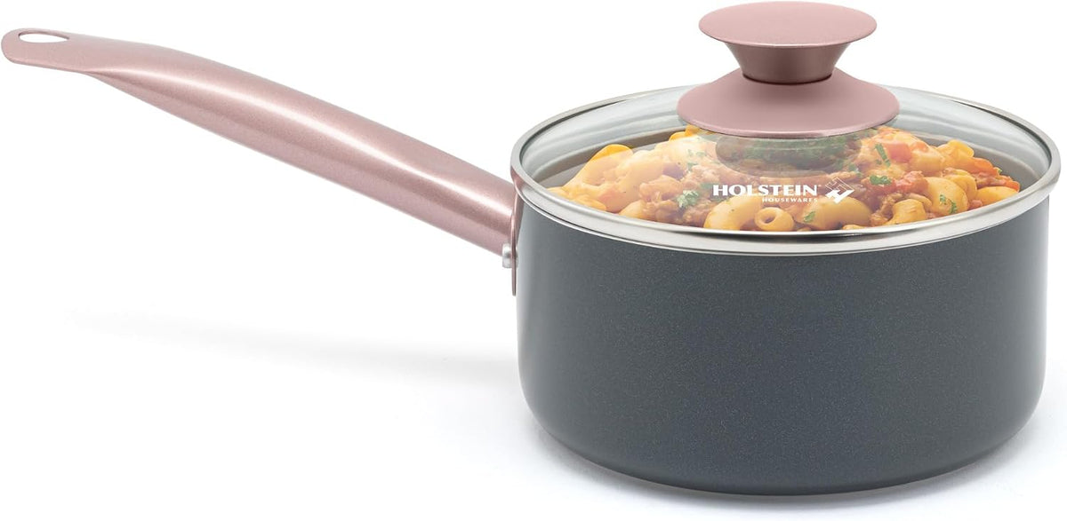 1.5QT Ceramic Nonstick Saucepan with Glass Lid, Multipurpose Sauce Pan with Stainless Steel Handle, Induction Bottom – Stylish, Durable & Easy to Clean, Cool Grey & Rose Gold