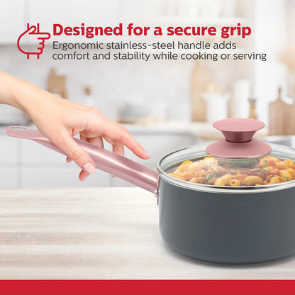 1.5QT Ceramic Nonstick Saucepan with Glass Lid, Multipurpose Sauce Pan with Stainless Steel Handle, Induction Bottom – Stylish, Durable & Easy to Clean, Cool Grey & Rose Gold