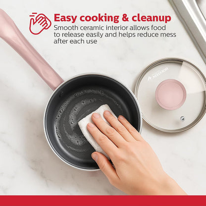1.5QT Ceramic Nonstick Saucepan with Glass Lid, Multipurpose Sauce Pan with Stainless Steel Handle, Induction Bottom – Stylish, Durable & Easy to Clean, Cool Grey & Rose Gold