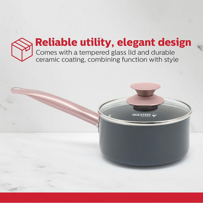 1.5QT Ceramic Nonstick Saucepan with Glass Lid, Multipurpose Sauce Pan with Stainless Steel Handle, Induction Bottom – Stylish, Durable & Easy to Clean, Cool Grey & Rose Gold