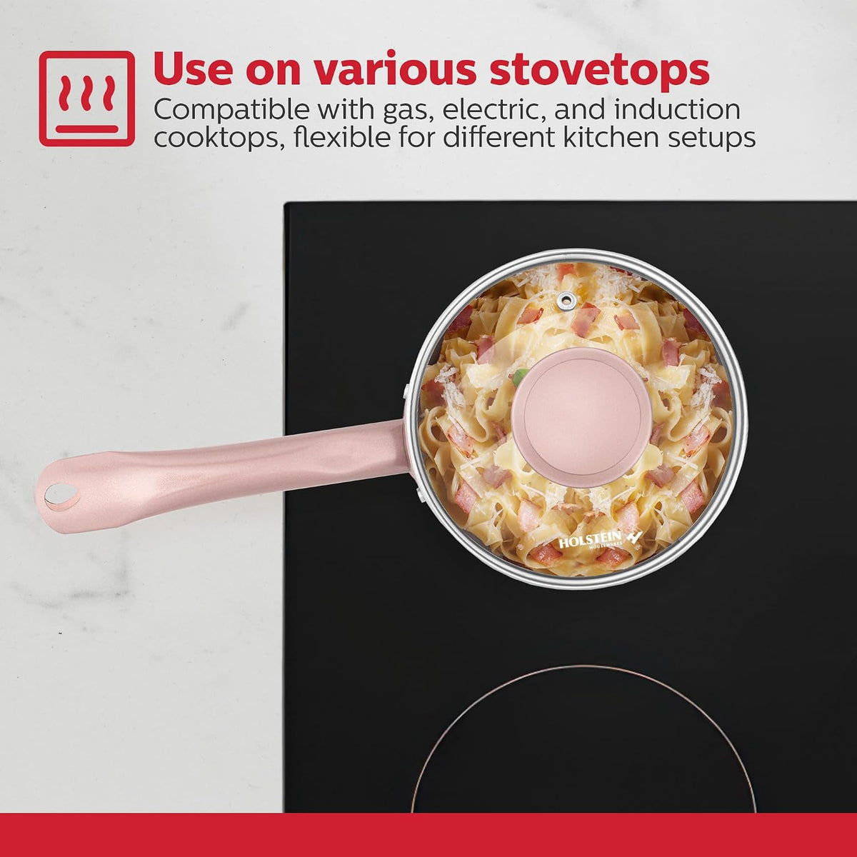 1.5QT Ceramic Nonstick Saucepan with Glass Lid, Multipurpose Sauce Pan with Stainless Steel Handle, Induction Bottom – Stylish, Durable & Easy to Clean, Cool Grey & Rose Gold