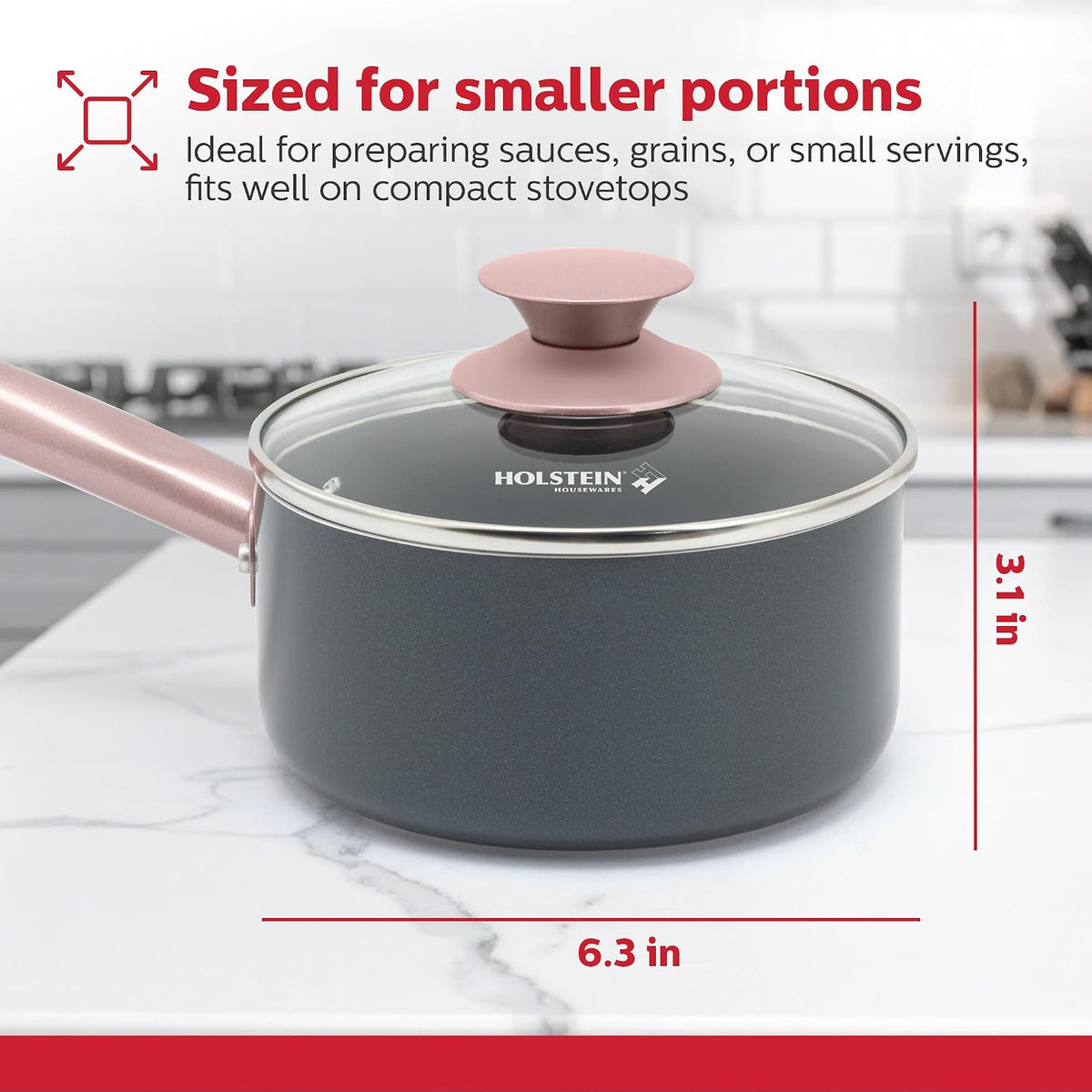 1.5QT Ceramic Nonstick Saucepan with Glass Lid, Multipurpose Sauce Pan with Stainless Steel Handle, Induction Bottom – Stylish, Durable & Easy to Clean, Cool Grey & Rose Gold