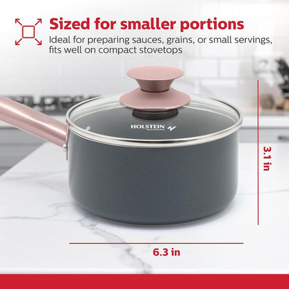 1.5QT Ceramic Nonstick Saucepan with Glass Lid, Multipurpose Sauce Pan with Stainless Steel Handle, Induction Bottom – Stylish, Durable & Easy to Clean, Cool Grey & Rose Gold