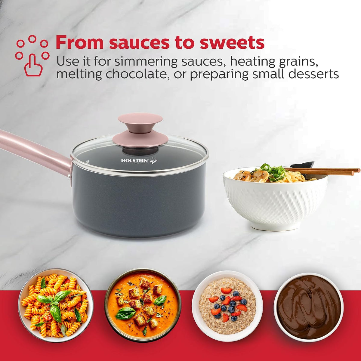 1.5QT Ceramic Nonstick Saucepan with Glass Lid, Multipurpose Sauce Pan with Stainless Steel Handle, Induction Bottom – Stylish, Durable & Easy to Clean, Cool Grey & Rose Gold