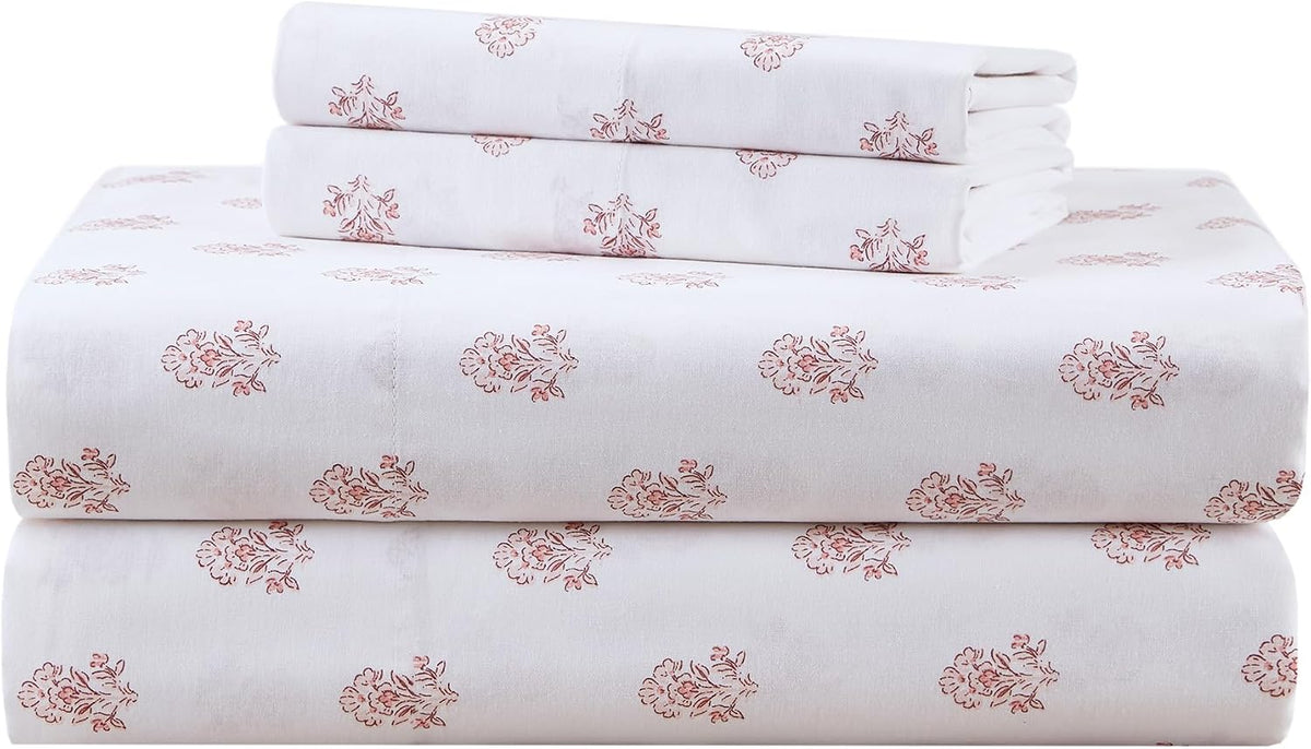 100% Cotton Percale Sheets Queen Size 4 Piece, Floral Pink
