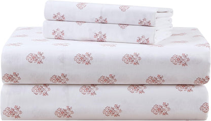 100% Cotton Percale Sheets Queen Size 4 Piece, Floral Pink