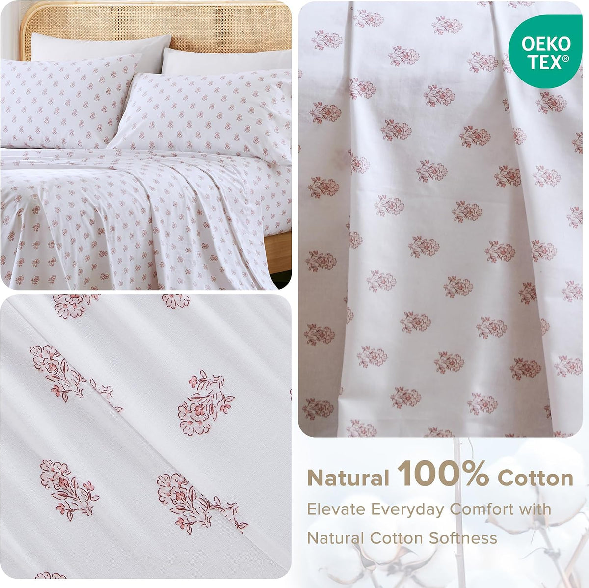 100% Cotton Percale Sheets Queen Size 4 Piece, Floral Pink