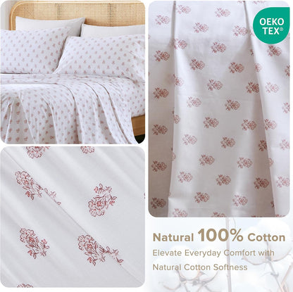 100% Cotton Percale Sheets Queen Size 4 Piece, Floral Pink