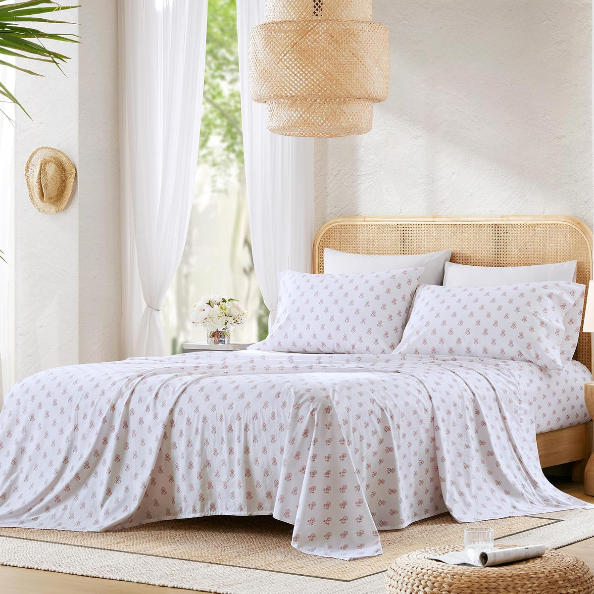 100% Cotton Percale Sheets Queen Size 4 Piece, Floral Pink