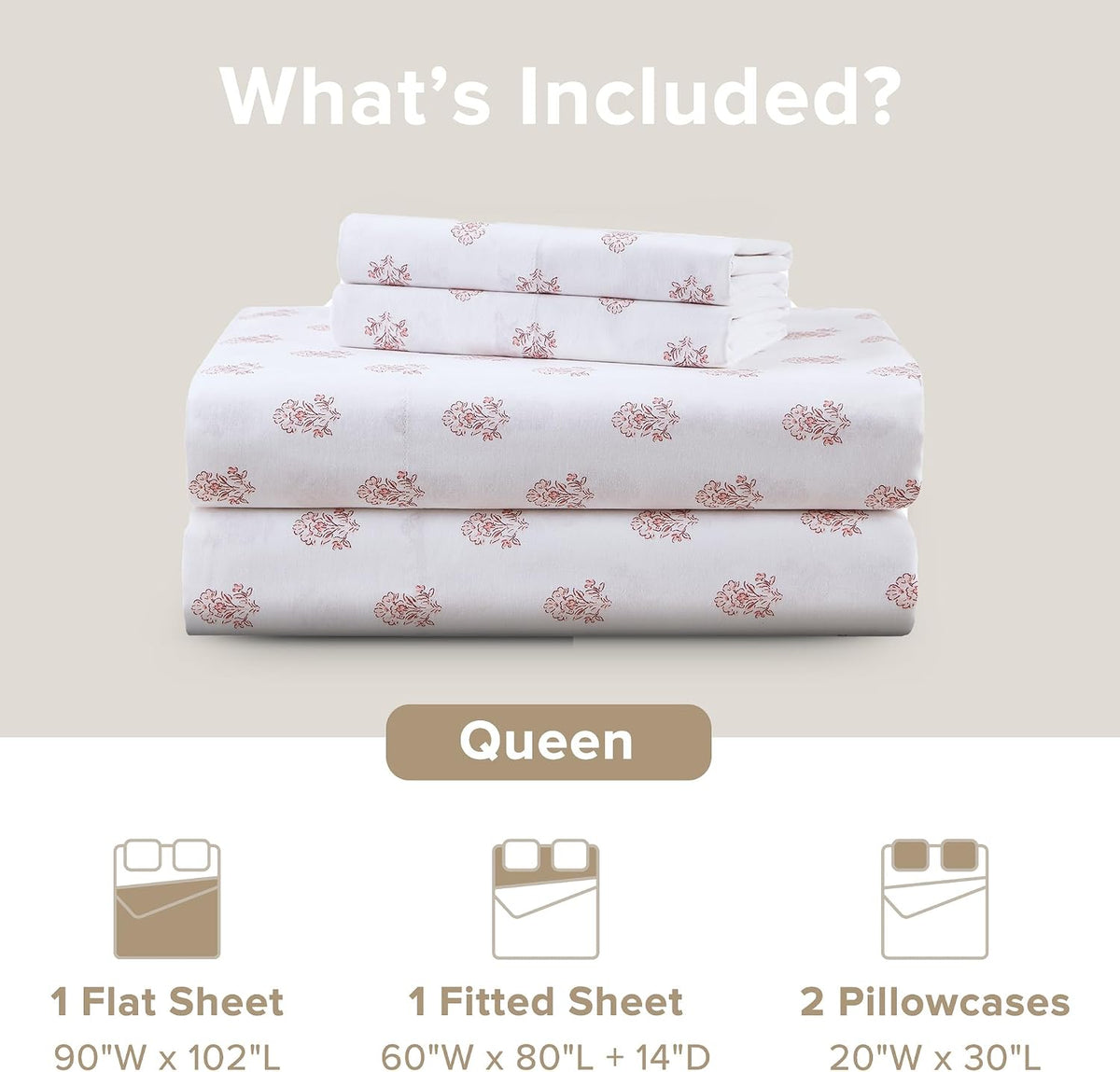 100% Cotton Percale Sheets Queen Size 4 Piece, Floral Pink
