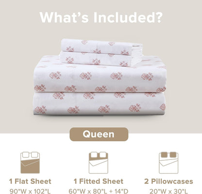100% Cotton Percale Sheets Queen Size 4 Piece, Floral Pink