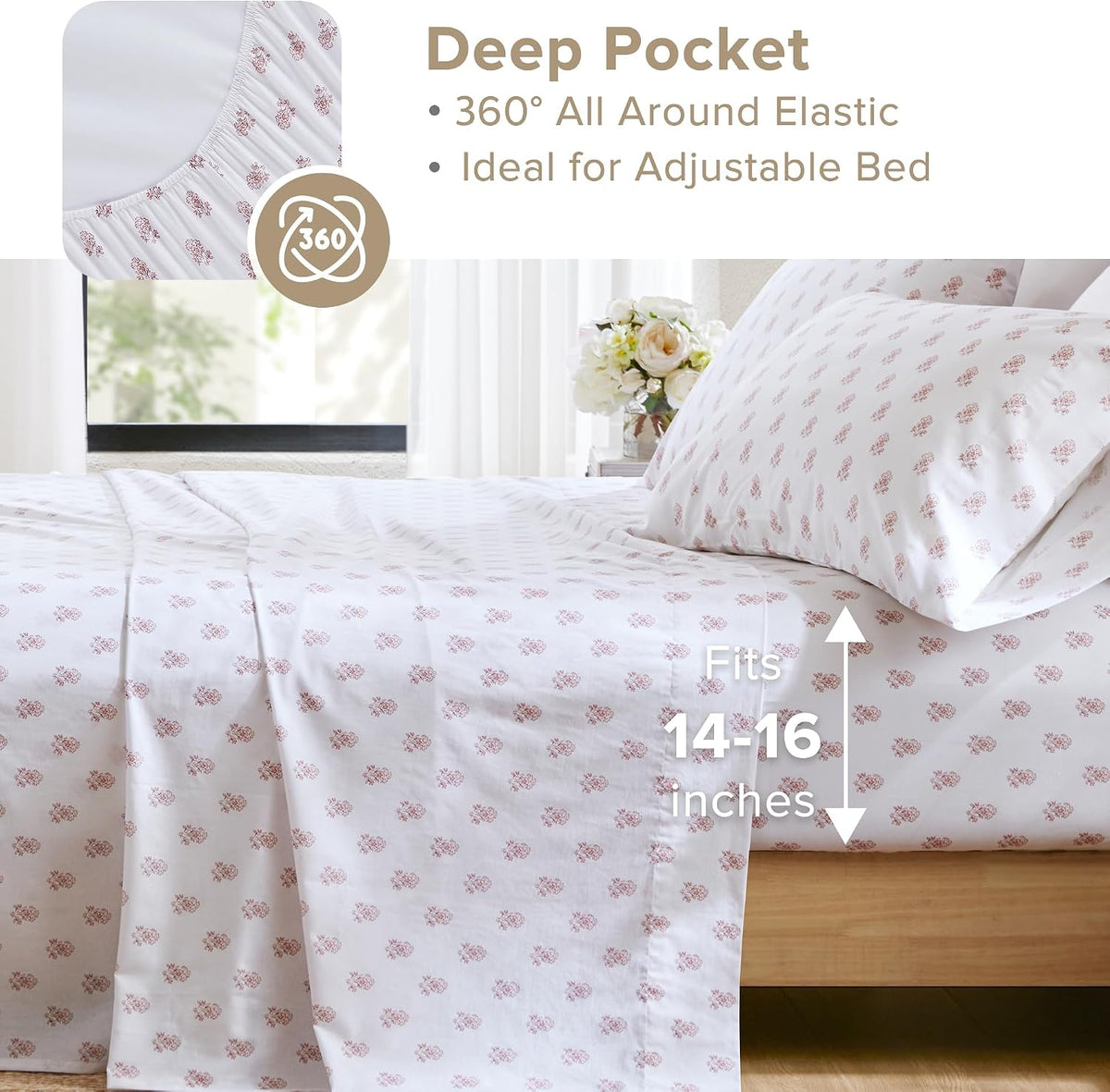 100% Cotton Percale Sheets Queen Size 4 Piece, Floral Pink