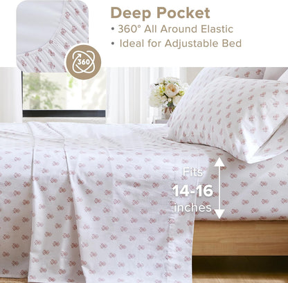 100% Cotton Percale Sheets Queen Size 4 Piece, Floral Pink