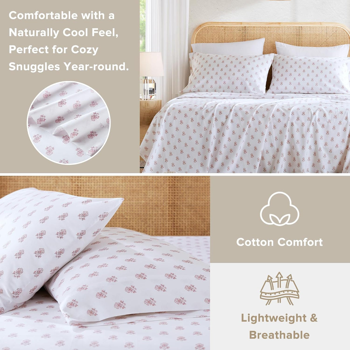 100% Cotton Percale Sheets Queen Size 4 Piece, Floral Pink